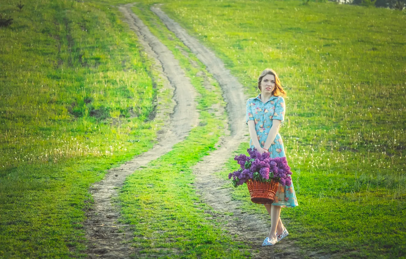 Photo wallpaper road, field, girl, basket, lilac