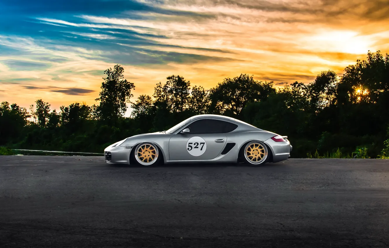 Photo wallpaper car, sunset, porsche, cayman, stance