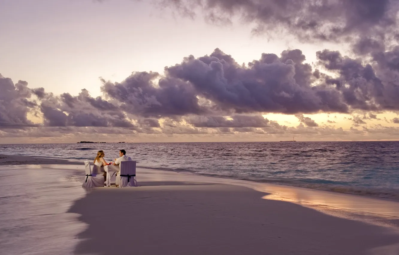 Photo wallpaper beach, the ocean, romance, the evening, two, dinner