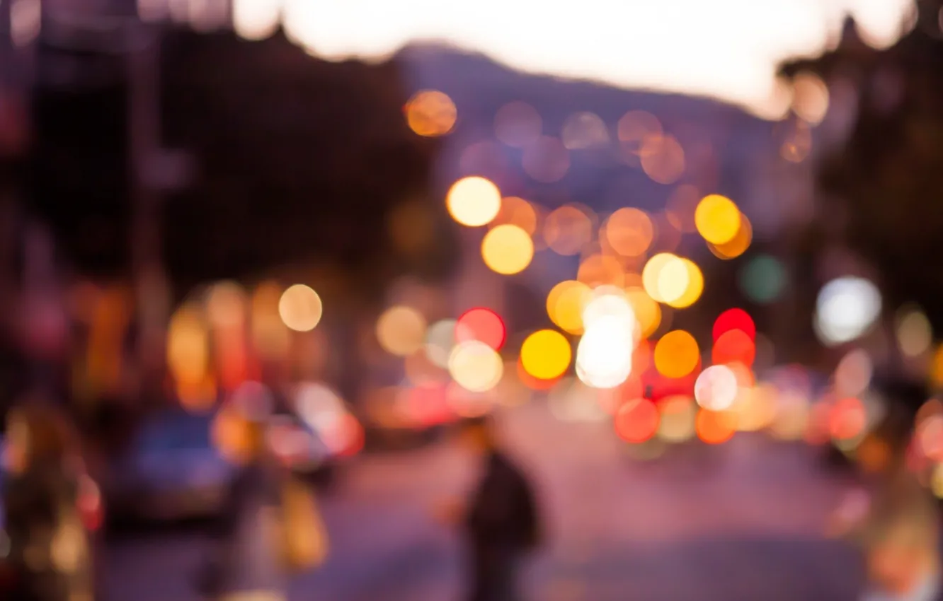 Photo wallpaper the city, lights, street, people, the evening, bokeh, blurry lights