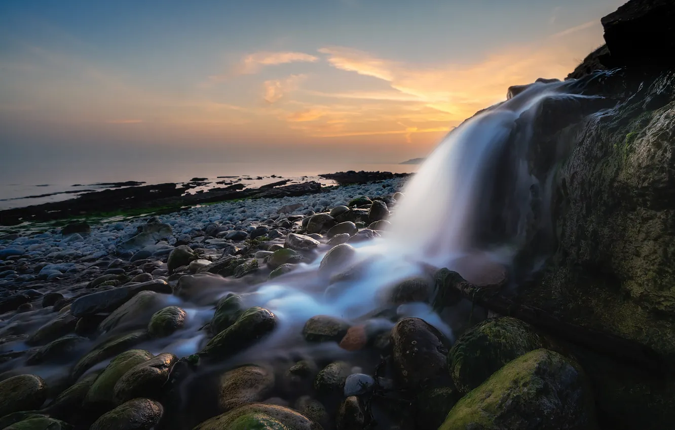 Wallpaper sea sunset stones shore waterfall pond for mobile and desktop section пейзажи