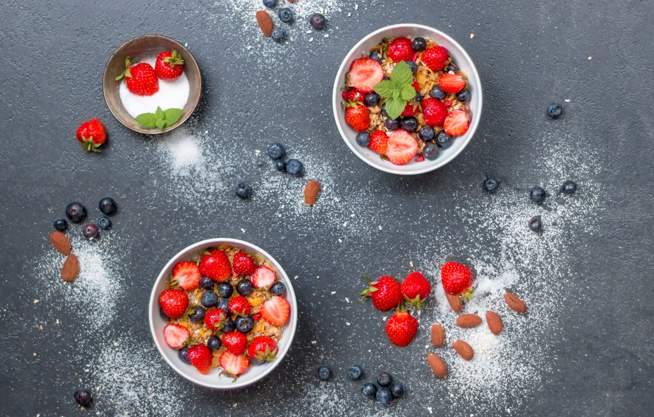Photo wallpaper berries, Breakfast, strawberry, nuts, corn flakes, muesli