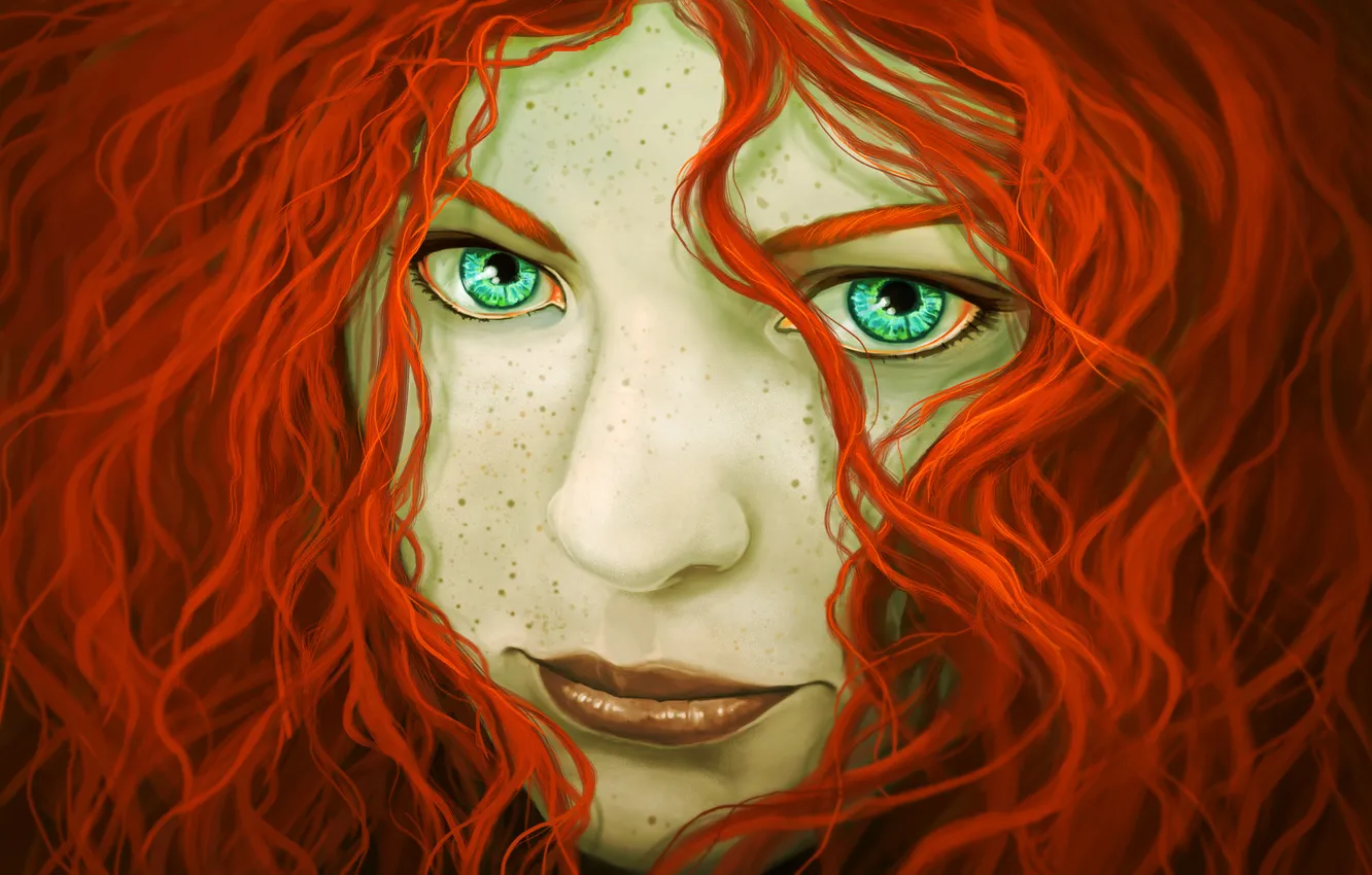 Photo wallpaper look, girl, face, hair, art, freckles, curls, red