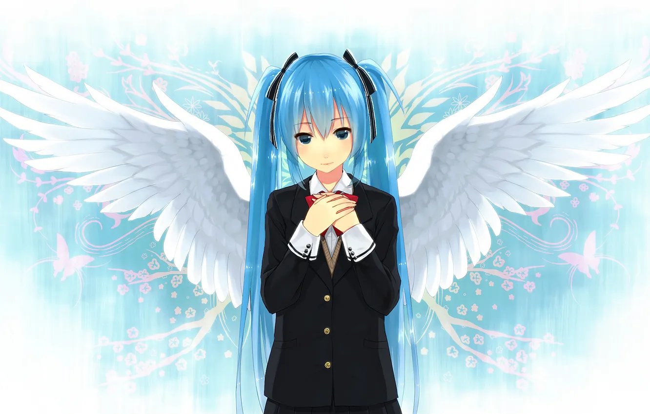 Photo wallpaper girl, smile, wings, angel, vocaloid, hatsune miku, school uniform, Vocaloid