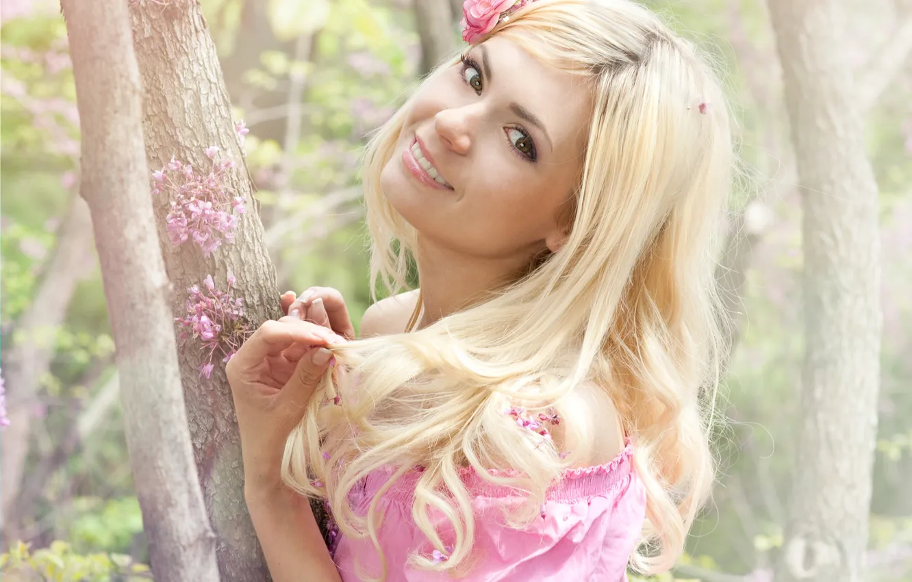 Photo wallpaper look, girl, trees, flowers, face, hair, spring, blonde