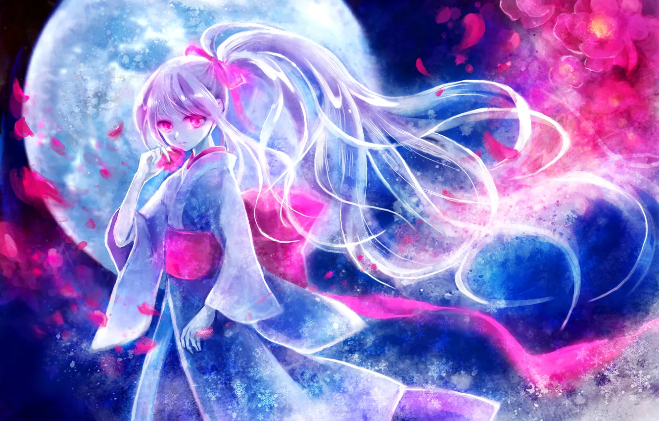 Photo wallpaper girl, flowers, snowflakes, night, the moon, petals