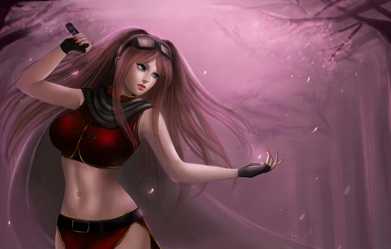 Photo wallpaper girl, trees, hair, katana, petals, long, kagura