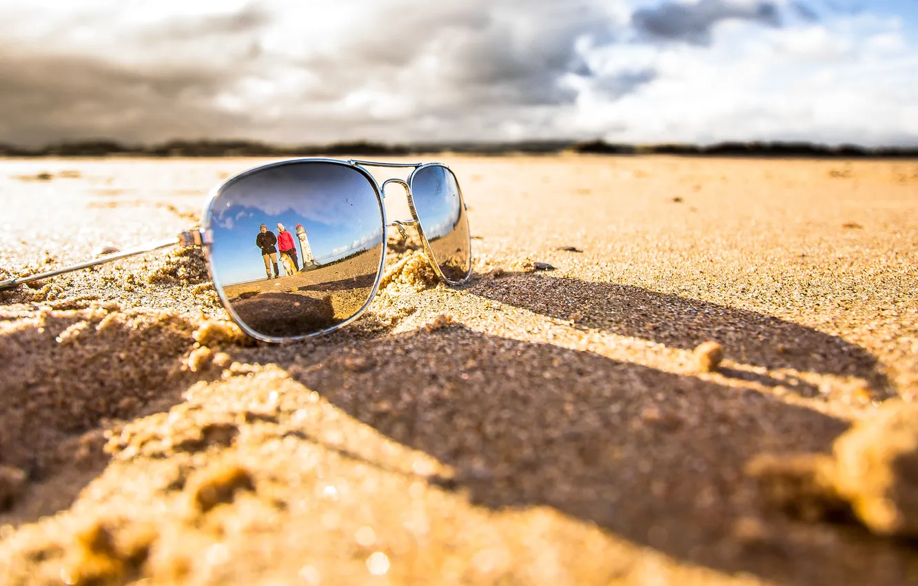 Photo wallpaper sand, beach, clouds, lighthouse, shadow, dog, mirror, glasses