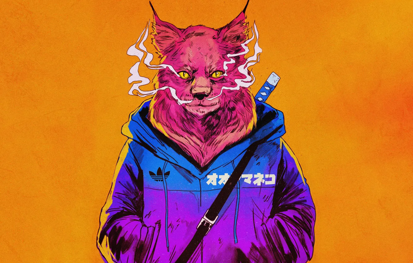 Photo wallpaper cat, face, style, fiction, animal, smoke, sword, katana