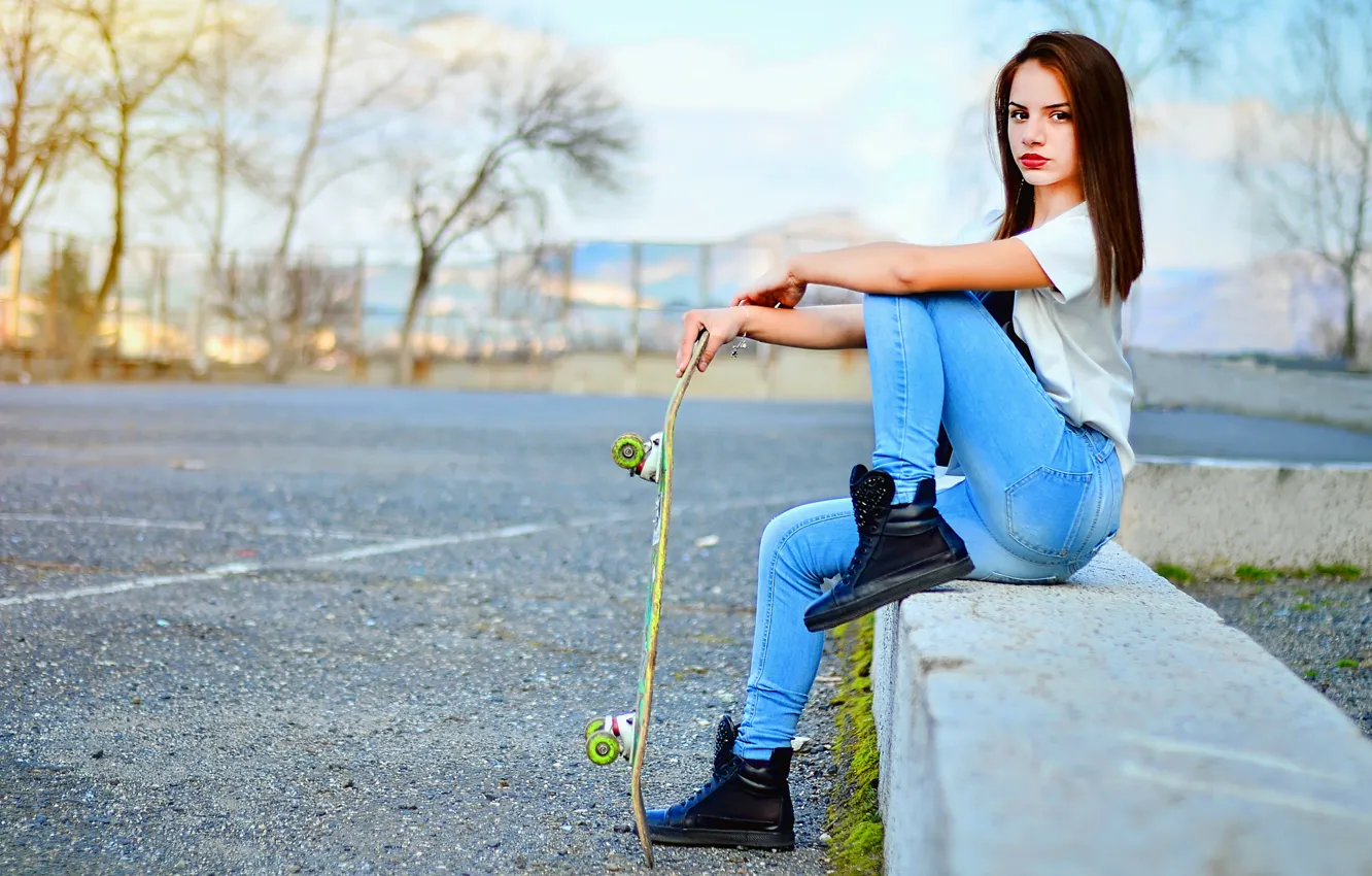 Photo wallpaper Girl, Skateboard, Model, View, Fashion, Portrait, Bulgaria, Ikoseomer