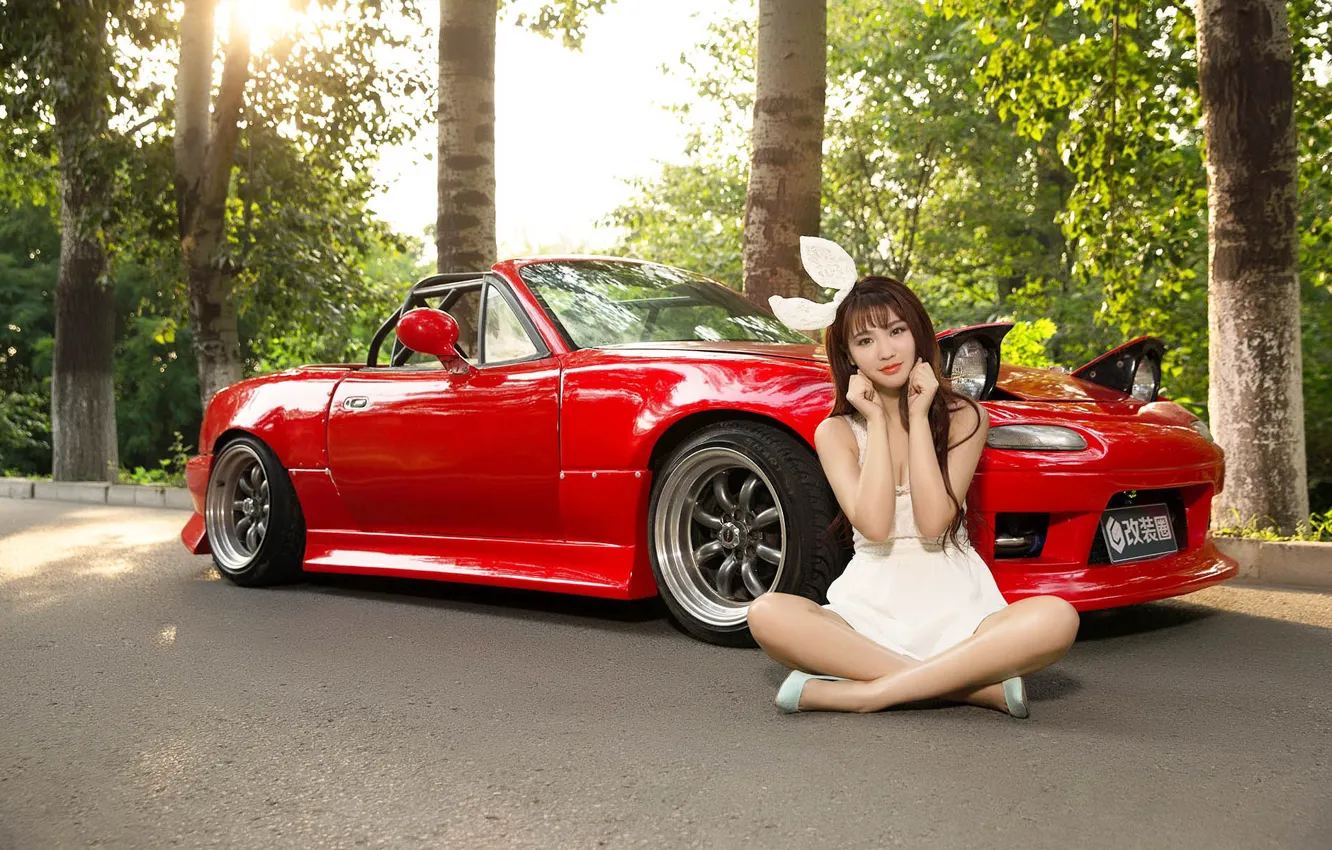 Photo wallpaper look, girl, Asian, beautiful girl, red car, posing on the car, Mazda MX5