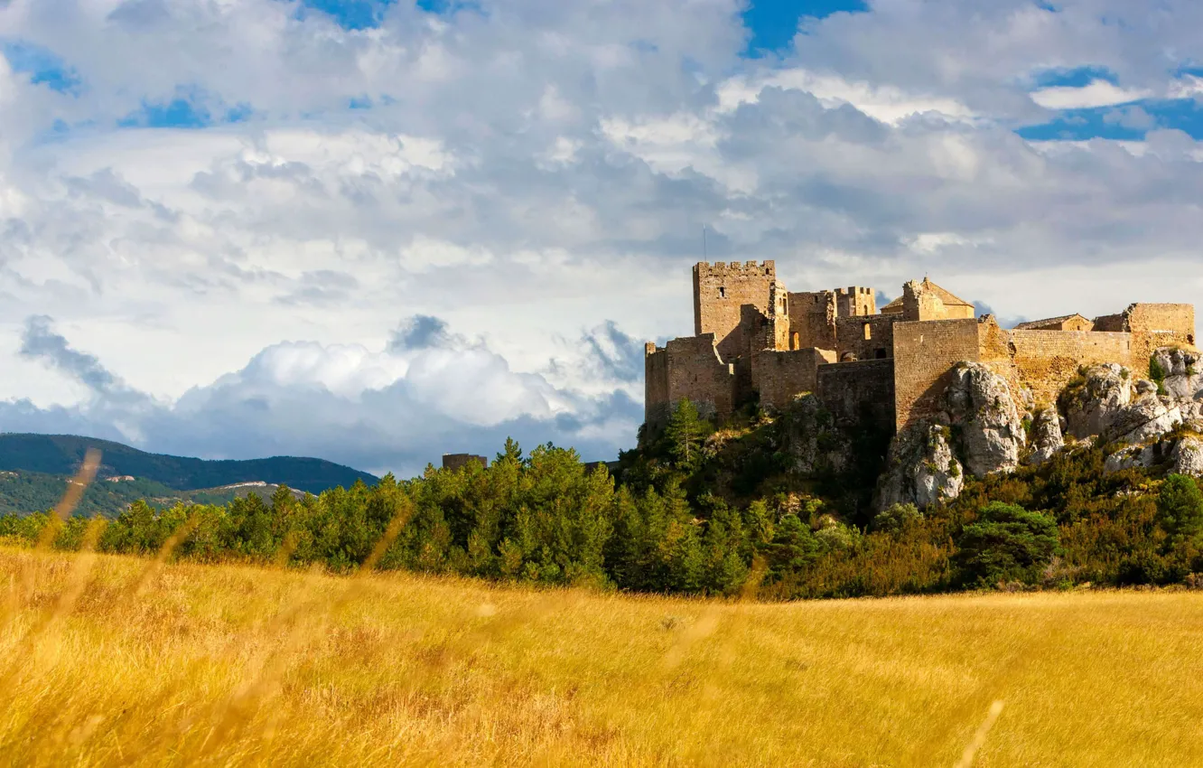 Photo wallpaper field, autumn, fortress, Spain, Aragon, Loarre Castle
