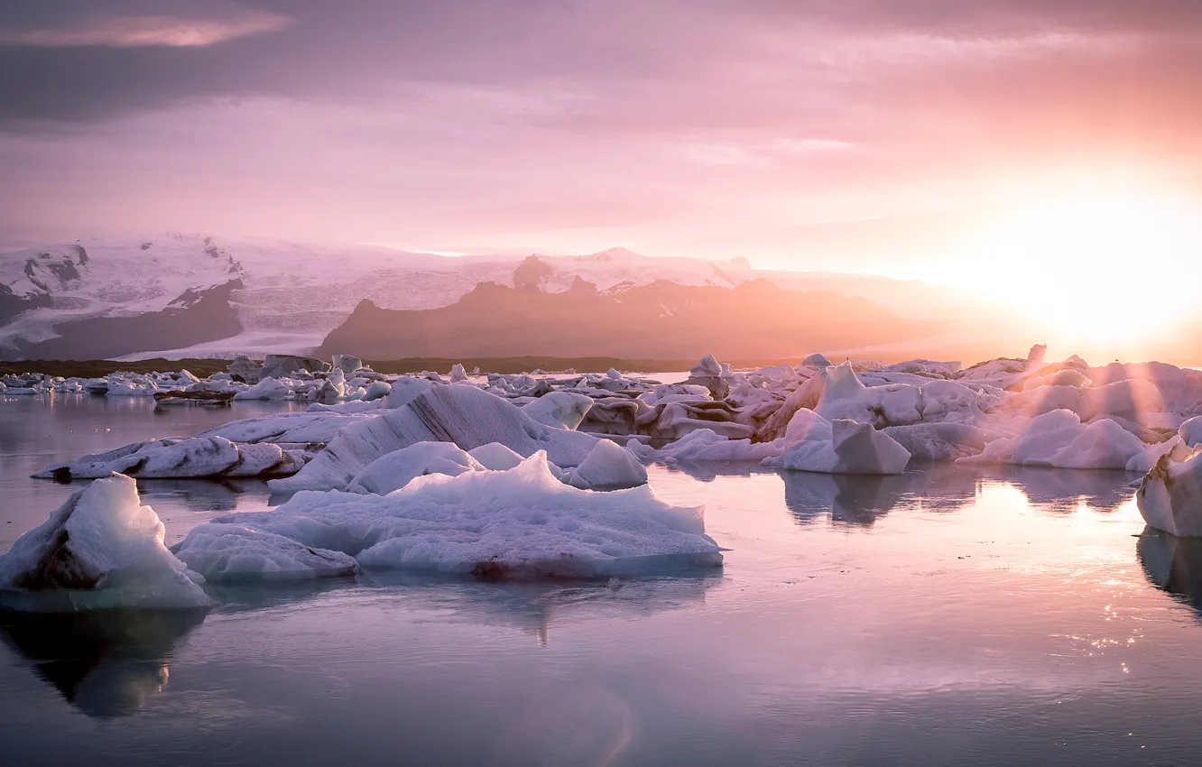Photo wallpaper Nature, Sun, Water, View, Iceland, Glacier, Lagoon, Jokulsarlon