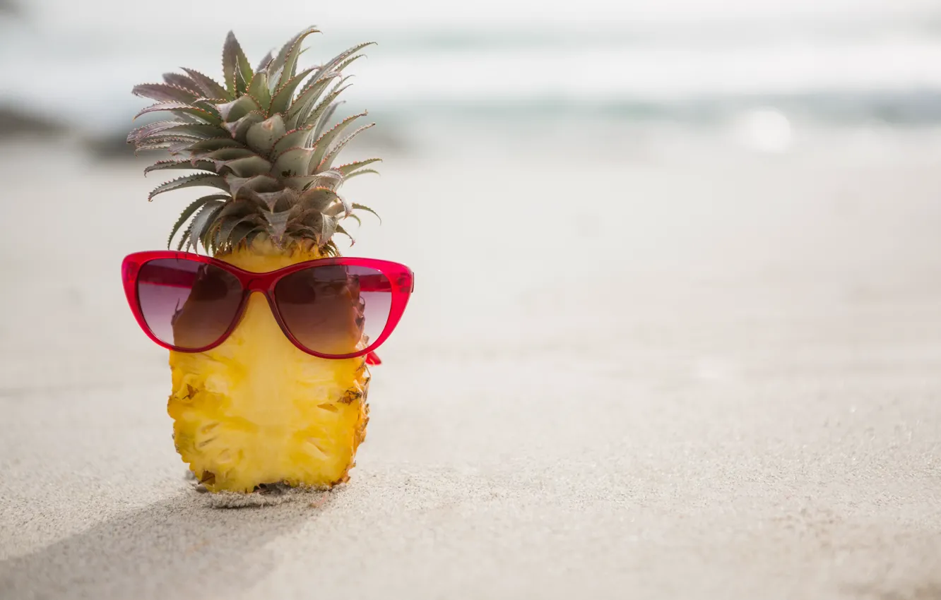 Photo wallpaper sand, sea, beach, summer, stay, glasses, summer, pineapple