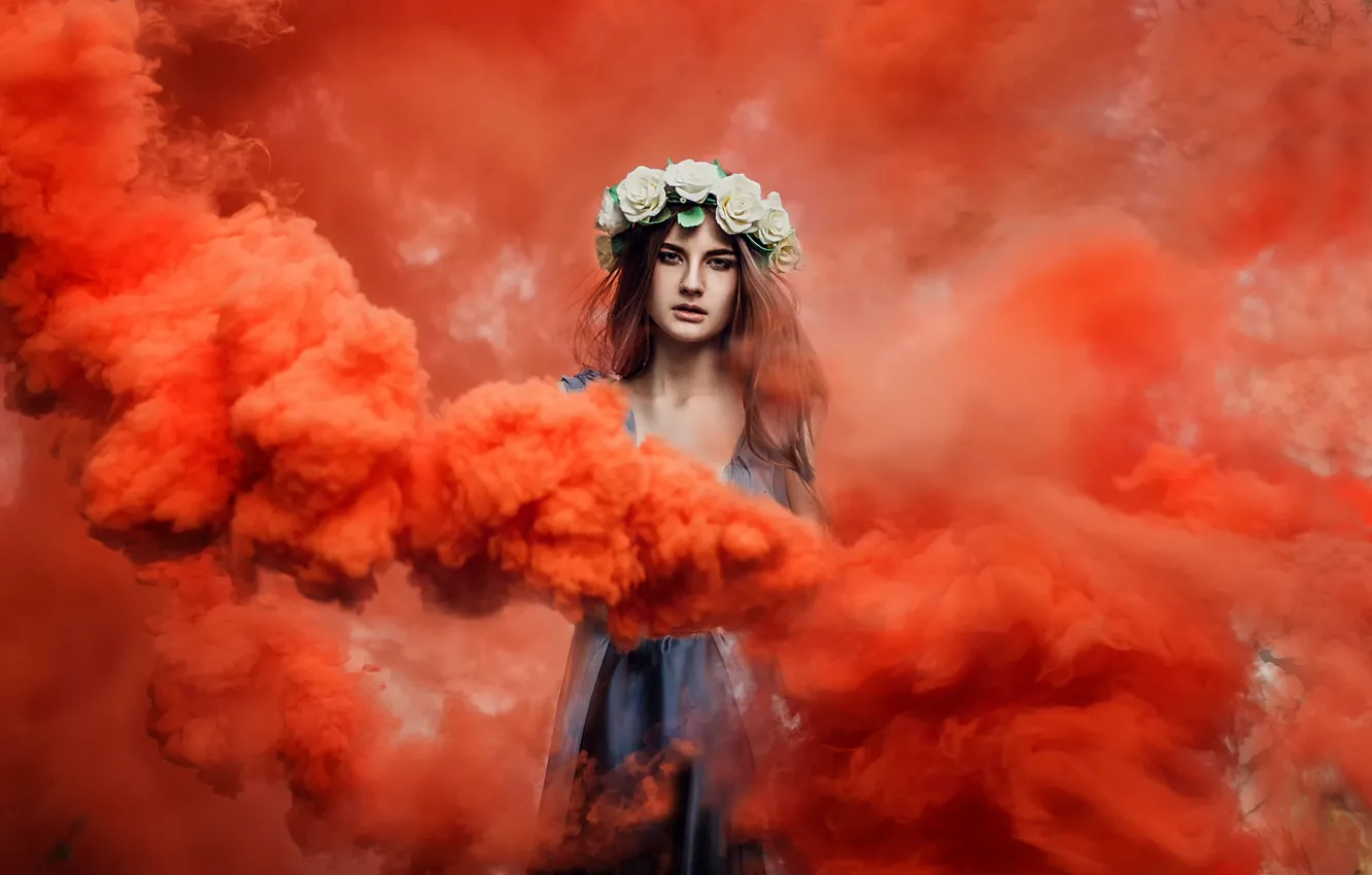 Photo wallpaper girl, dress, wreath, Lisa, red smoke