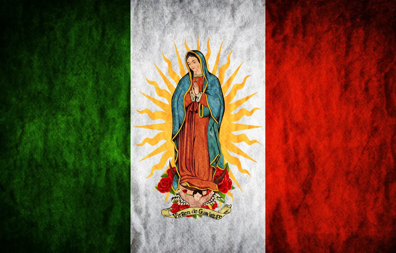 Photo wallpaper rose, Mexico, flowers, sun, flag, Madonna, Maria, Regina Mundi