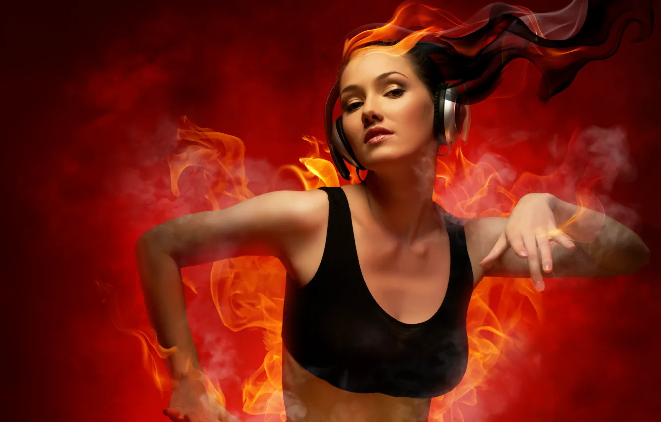 Photo wallpaper girl, music, fire, flame, headphones