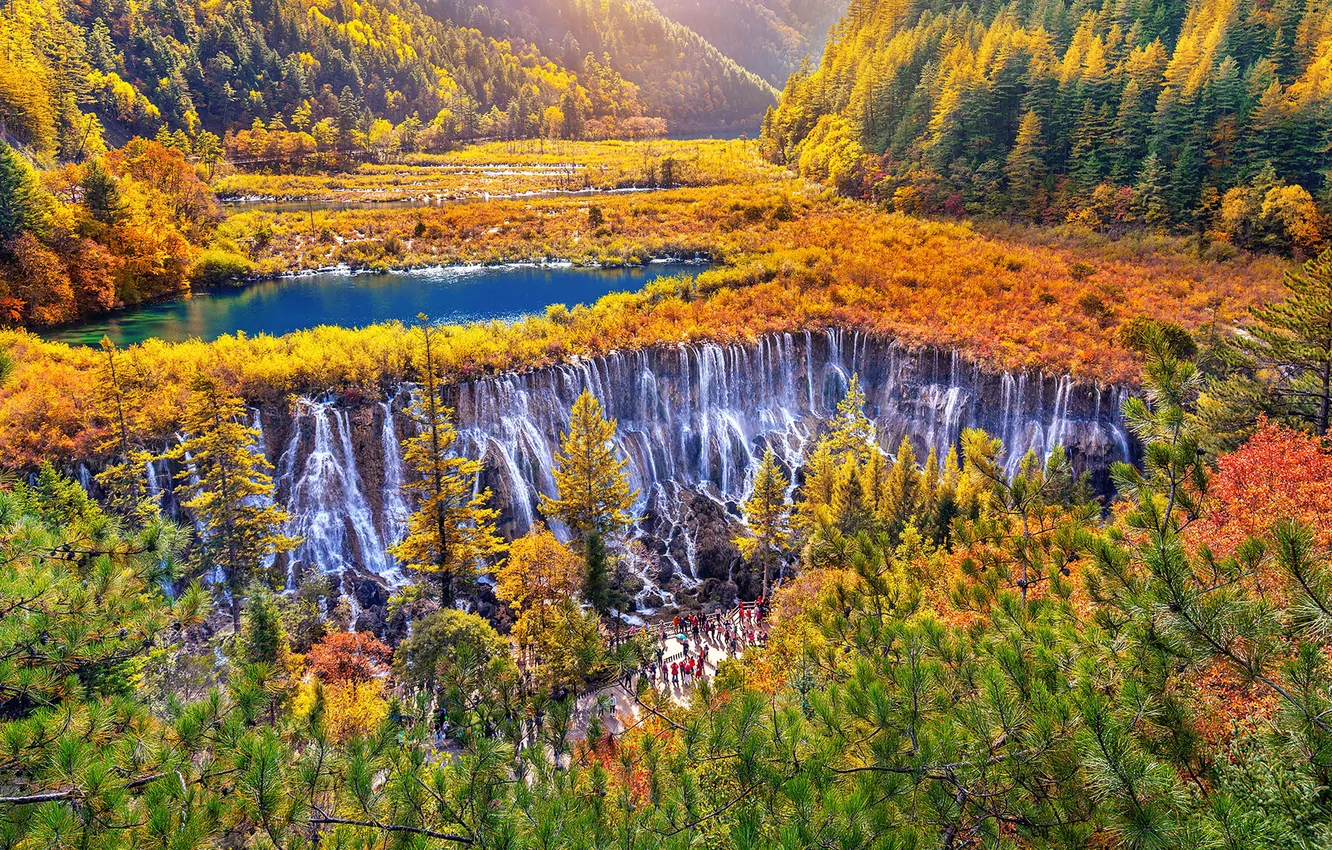 Photo wallpaper autumn, China, China, autumn, Jiuzhaigou Valley, Jiuzhaigou Valley, Nuorilang Waterfall, Nuorilang Waterfall
