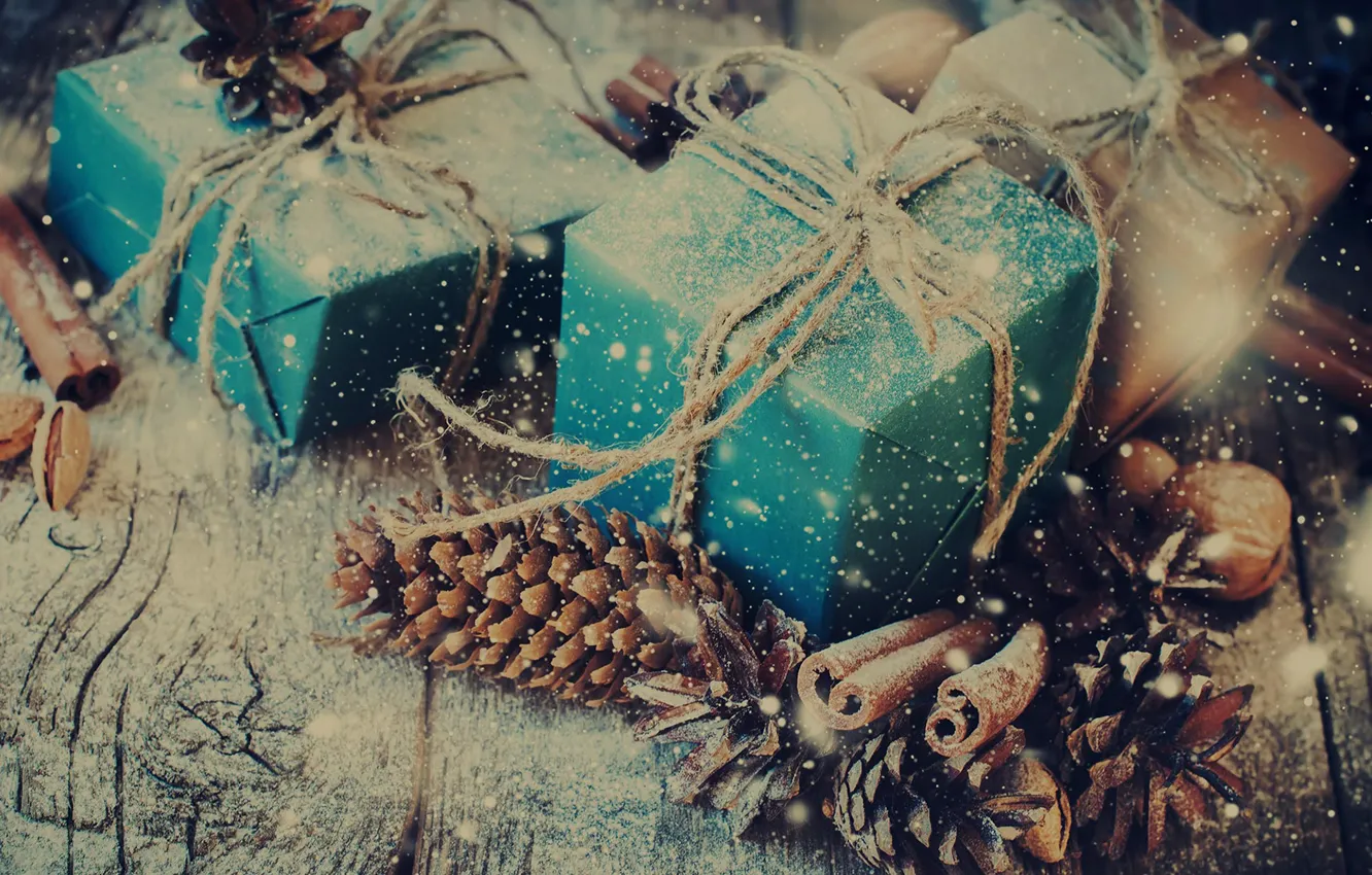 Photo wallpaper retro, Christmas, gifts, nuts, cinnamon, Christmas, bumps, box