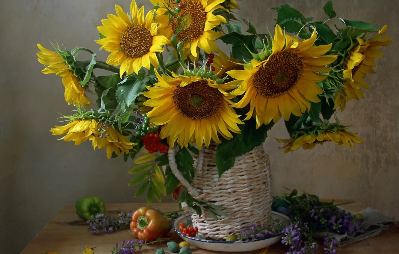 Photo wallpaper sunflowers, pepper, still life, Rowan
