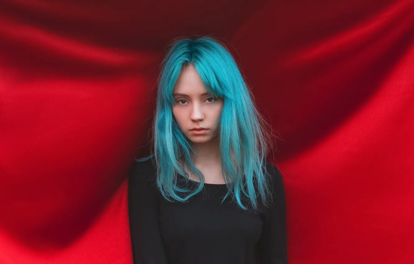 Photo wallpaper girl, red background, Ramil Tubelove