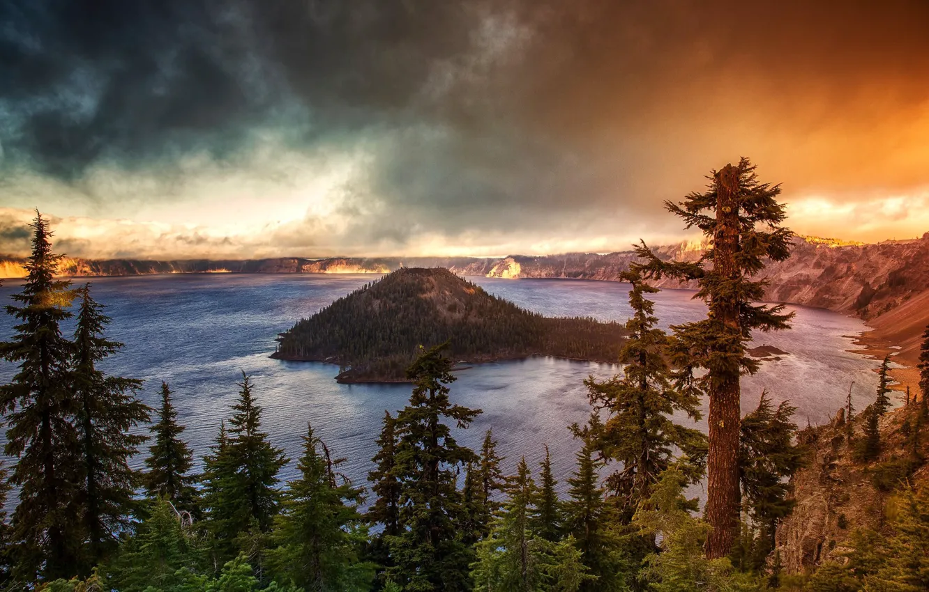 Photo wallpaper forest, the sky, light, trees, sunset, mountains, clouds, rocks