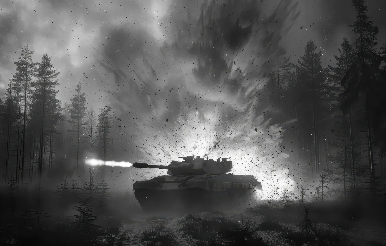 Photo wallpaper forest, trees, the explosion, night, shot, tank, black and white, digital art