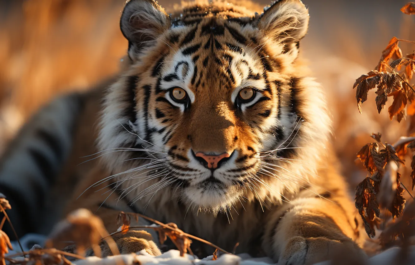 Photo wallpaper look, face, tiger, dawn, predator, big cat, digital art, AI art