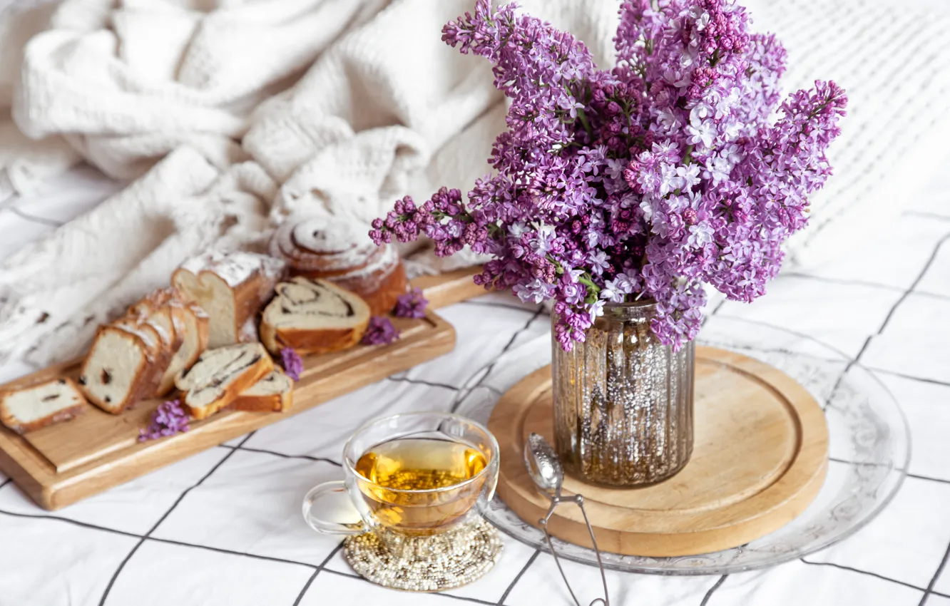 Photo wallpaper flowers, table, tea, bouquet, spring, Cup, Bank, fabric