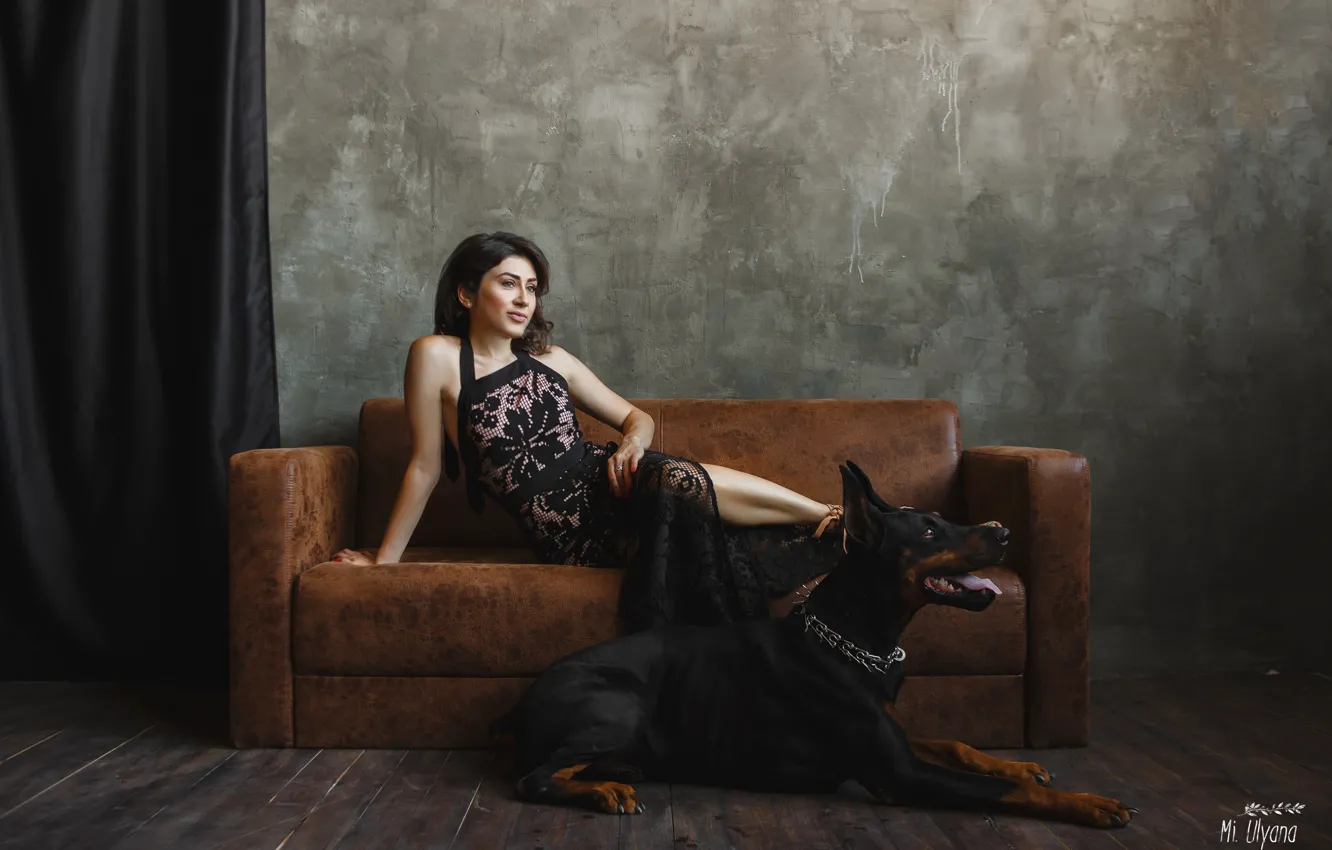 Photo wallpaper girl, pose, sofa, dog, Doberman, Juliana Mizinova, Julia Kevorkiants