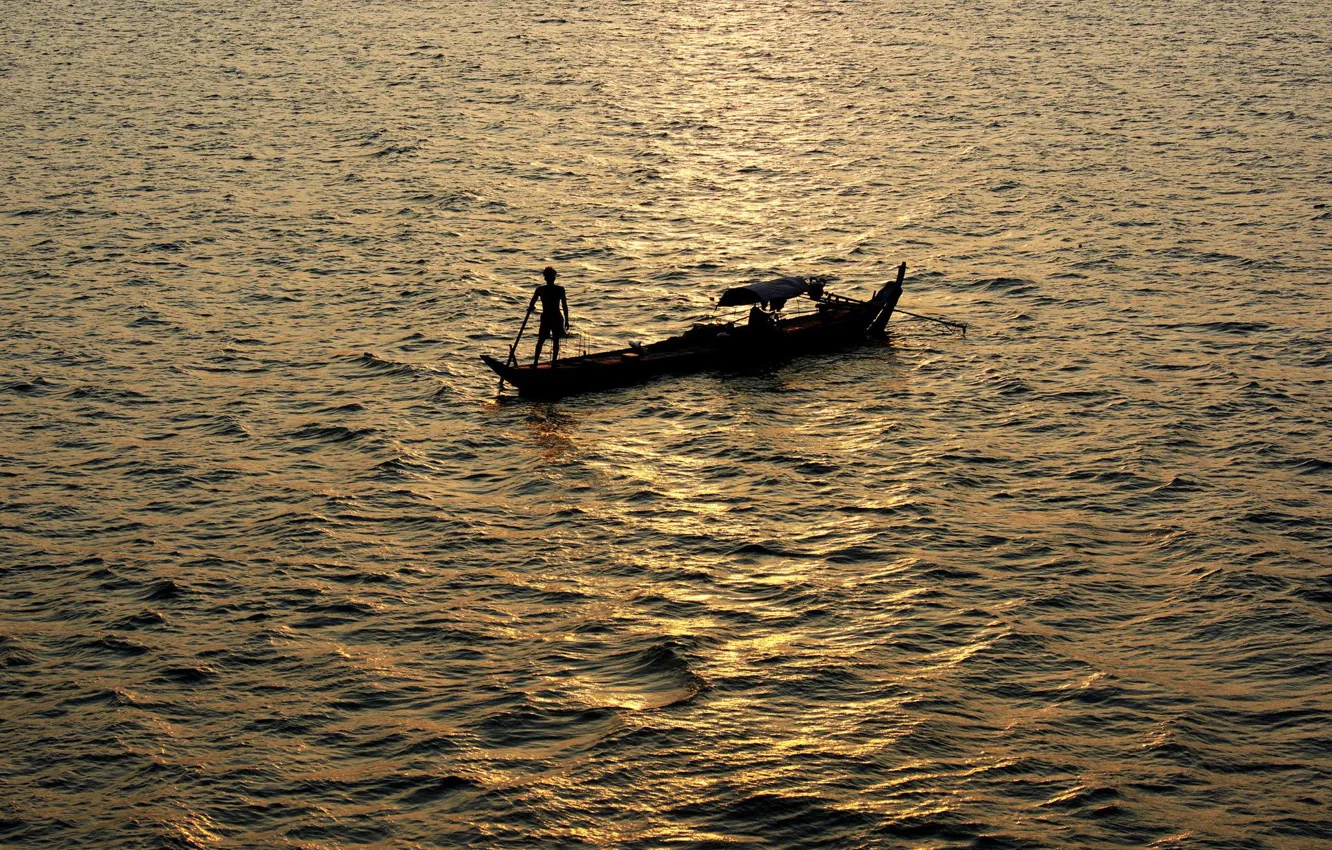 Photo wallpaper sea, boat, fisherman, morning
