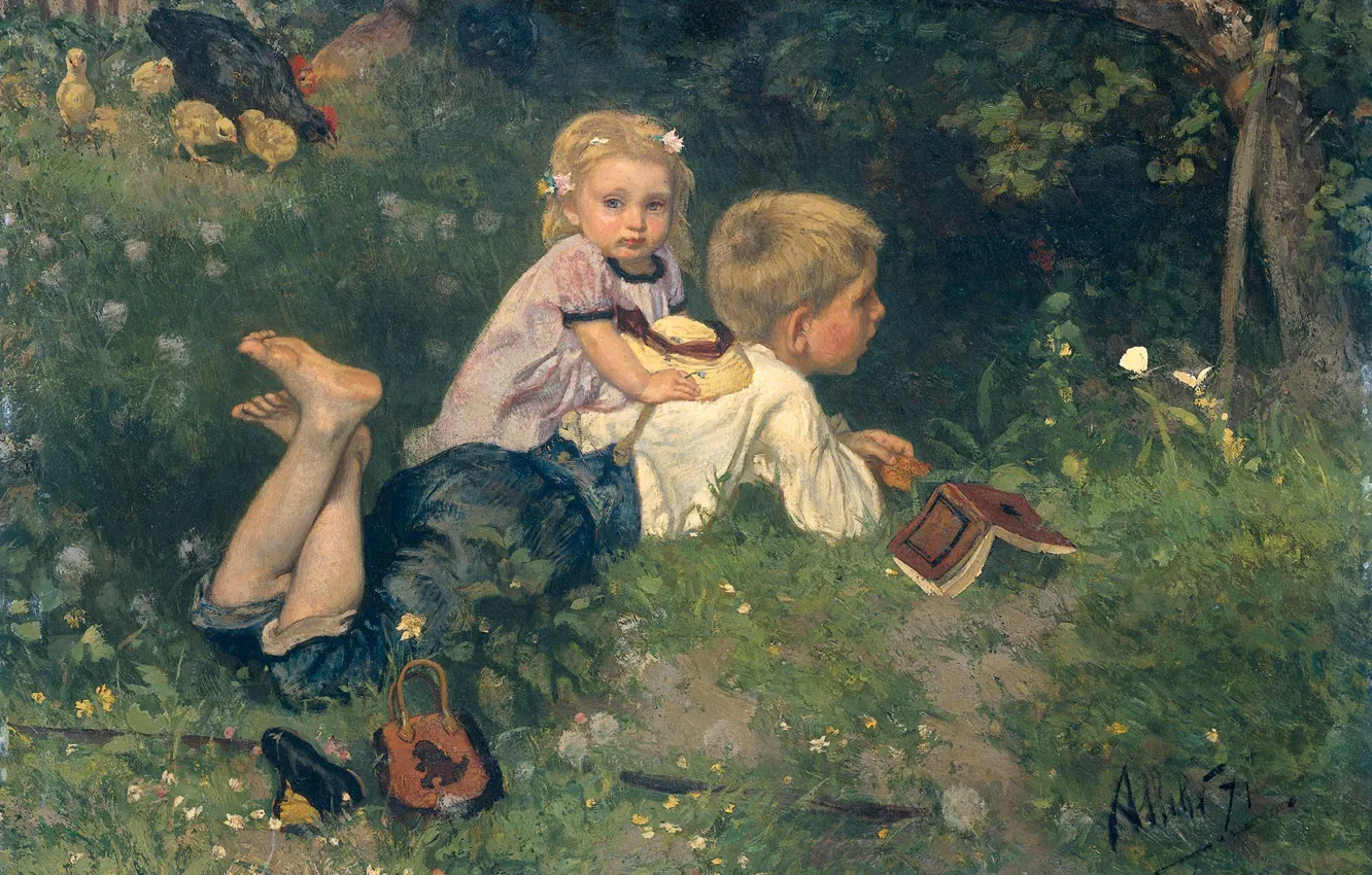 Photo wallpaper children, butterfly, oil, picture, 1871, August Allele, August Allebe