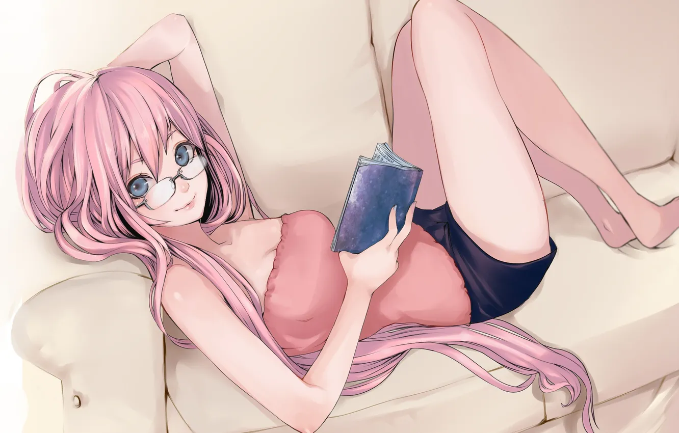 Photo wallpaper look, girl, smile, sofa, glasses, lies, book, vocaloid