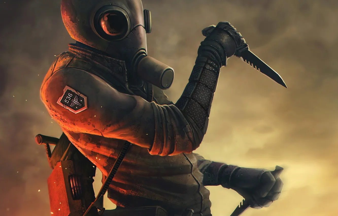 Photo wallpaper people, art, knife, gas mask, World War 2