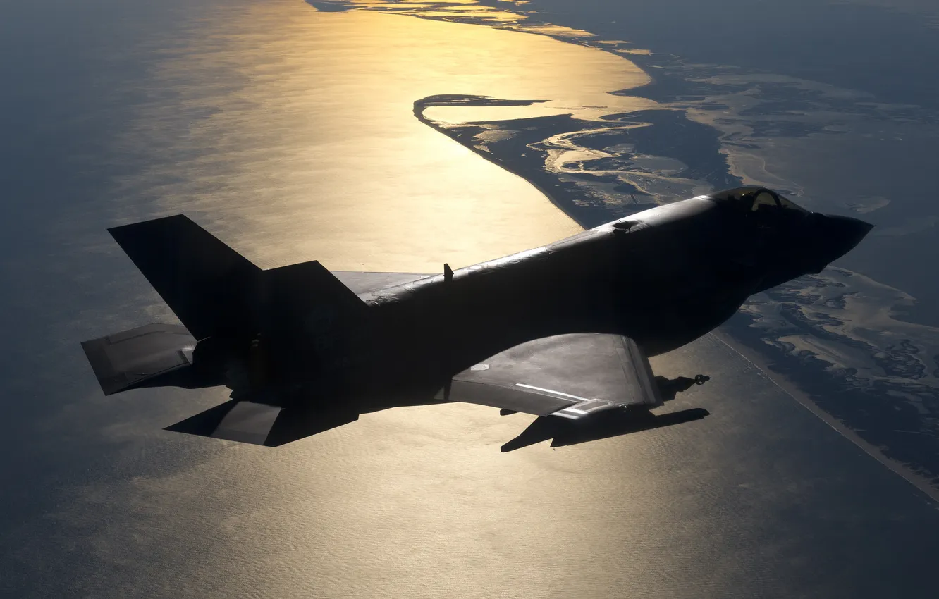 Photo wallpaper fighter, silhouette, bomber, F-35B, Lockheed Martin