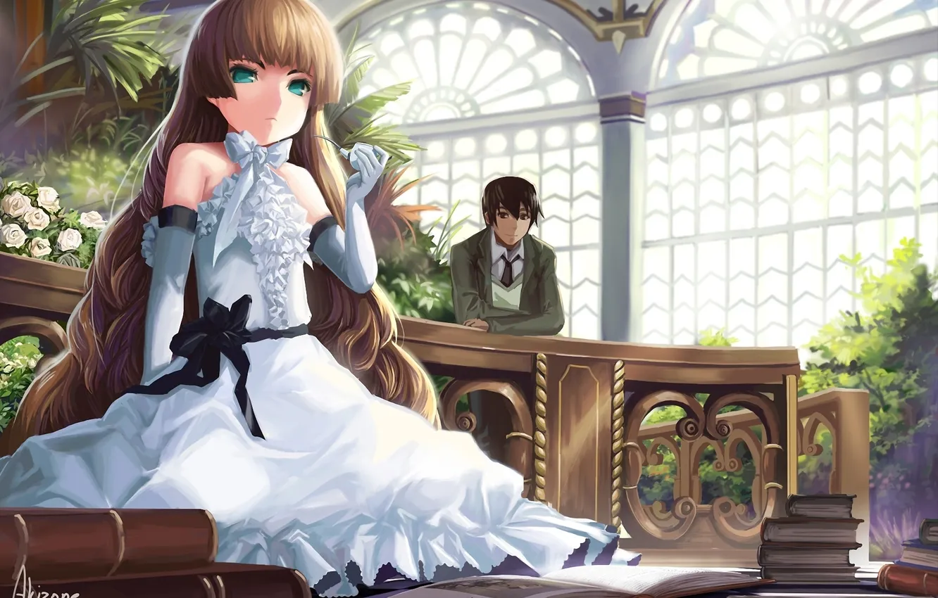 Photo wallpaper flowers, roses, tube, dress, art, girl, book, library