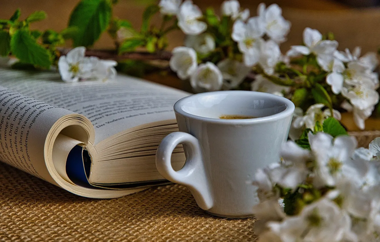 Photo wallpaper branches, mood, coffee, Cup, book