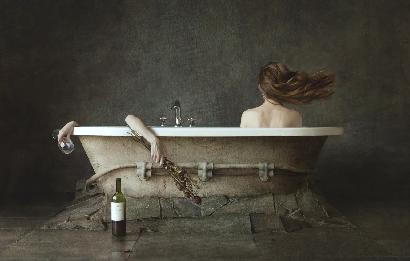 Photo wallpaper girl, bottle, hands, bath, Marco Redaelli