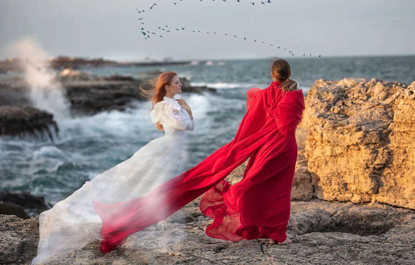 Photo wallpaper sea, wave, girl, nature, pose, stones, rocks, bird