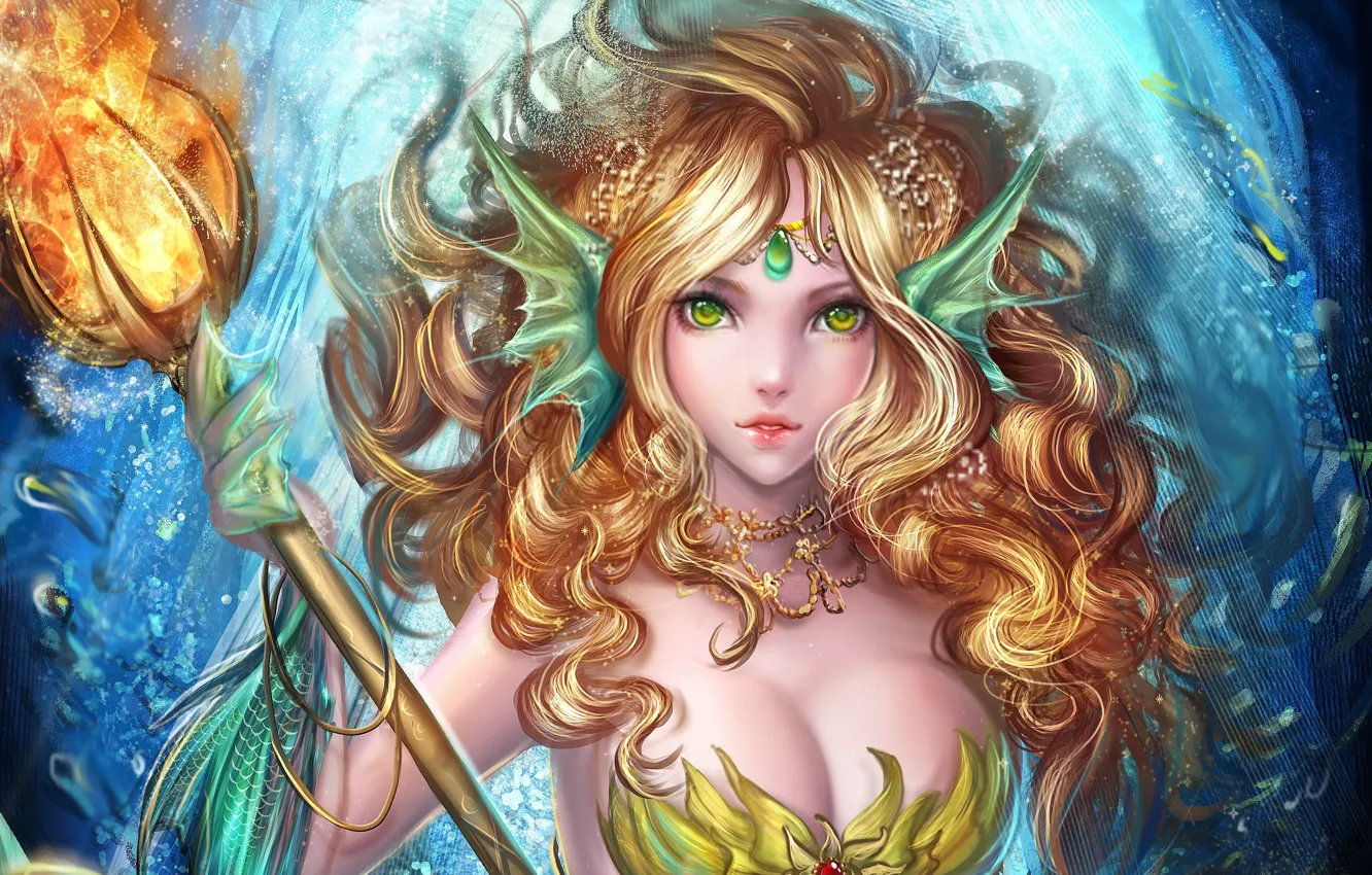 Photo wallpaper look, bubbles, the ocean, hair, mermaid, art, staff, fantasy