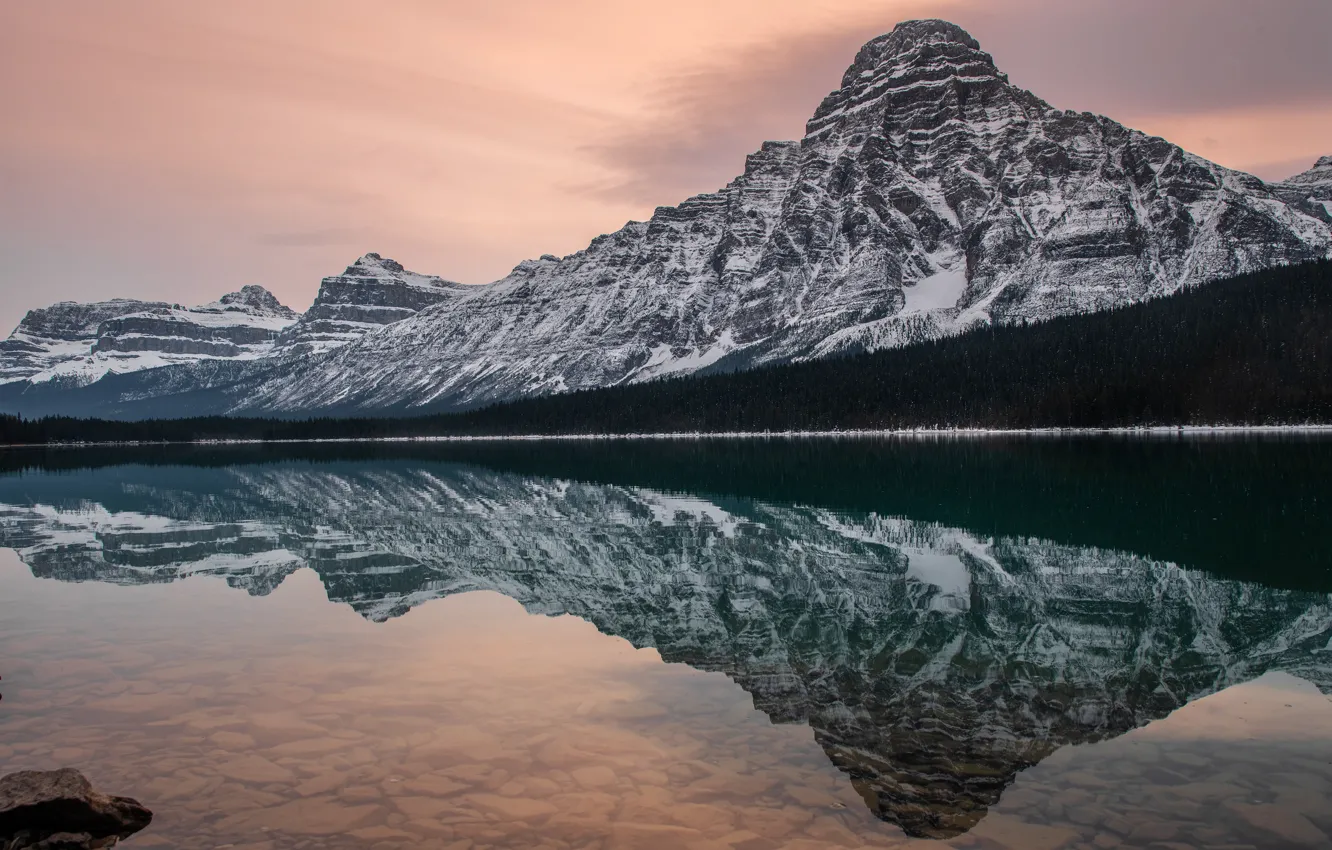 Photo wallpaper forest, the sky, snow, mountains, lake, reflection, rocks, shore