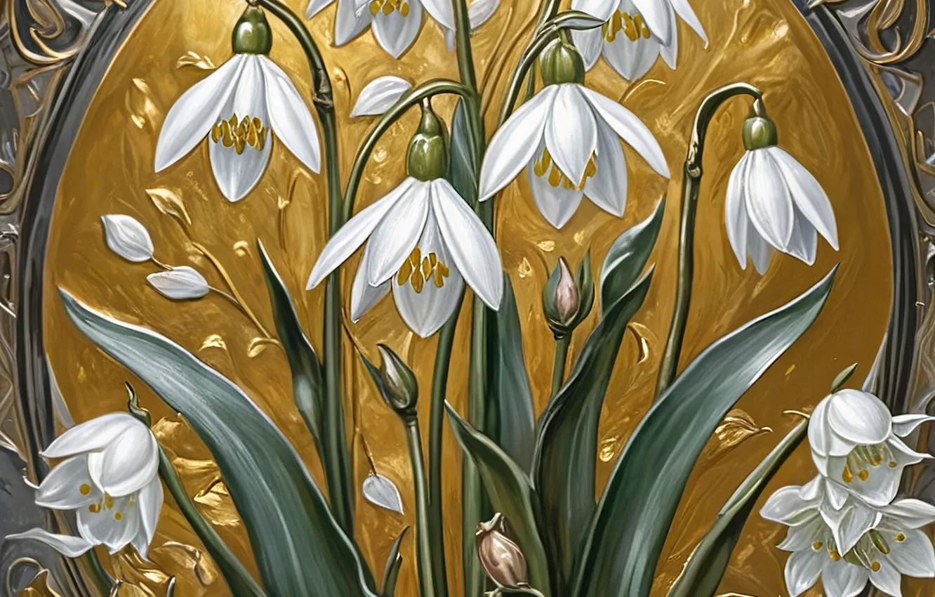 Photo wallpaper flowers, pattern, texture, spring, styling, frame, snowdrops, white
