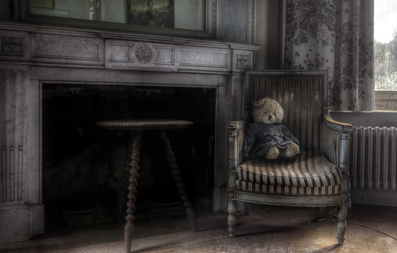 Photo wallpaper room, chair, bear, fireplace