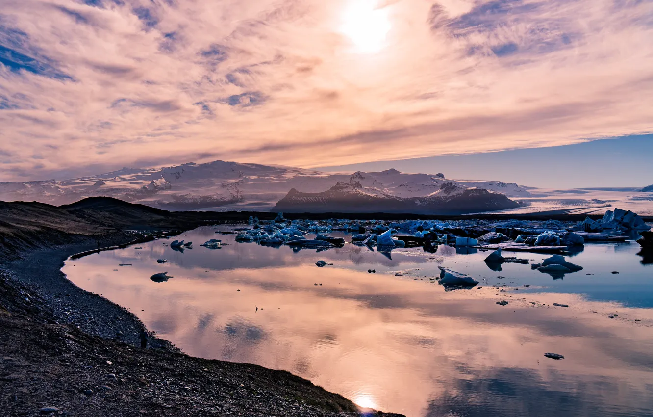 Photo wallpaper ice, winter, the sky, the sun, clouds, mountains, shore, ice