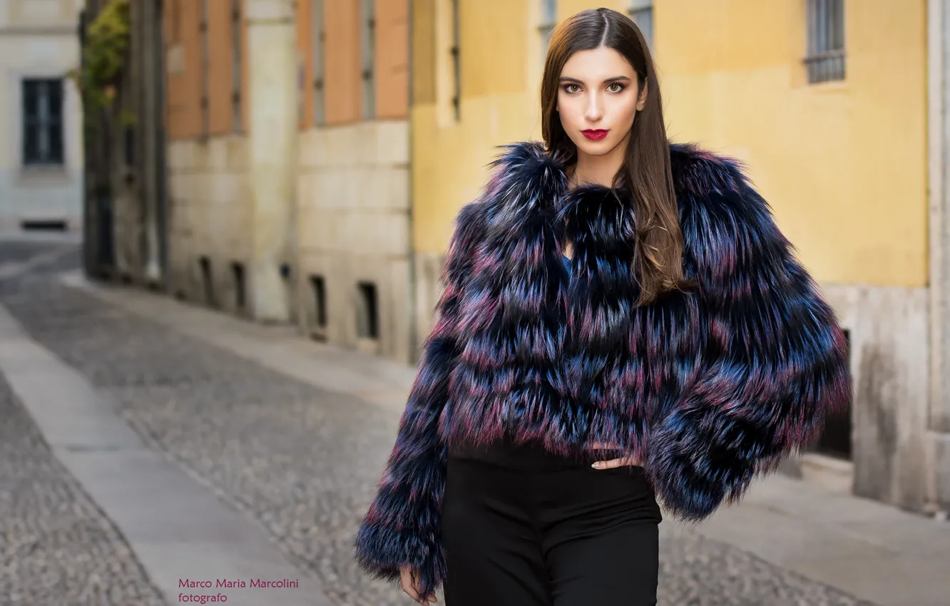 Photo wallpaper model, fur, brown hair, beautiful girl, city street, Marco Maria Marcolini