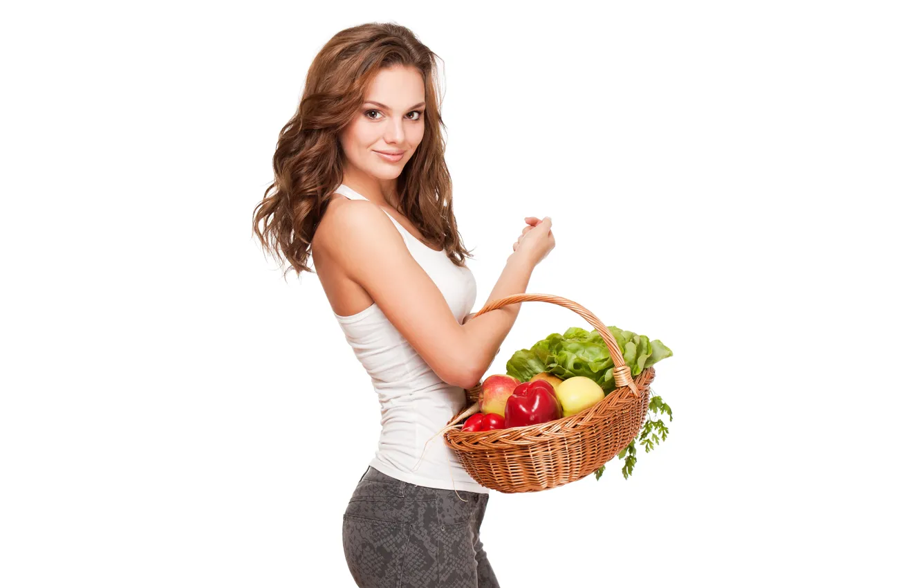 Photo wallpaper greens, smile, white background, brown hair, fruit, basket, vegetables