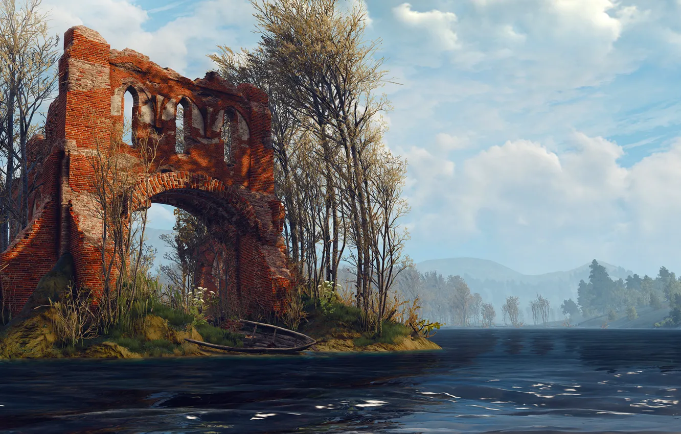 Photo wallpaper forest, river, the building, The Witcher 3: Wild Hunt, The Witcher 3: Wild Hunt