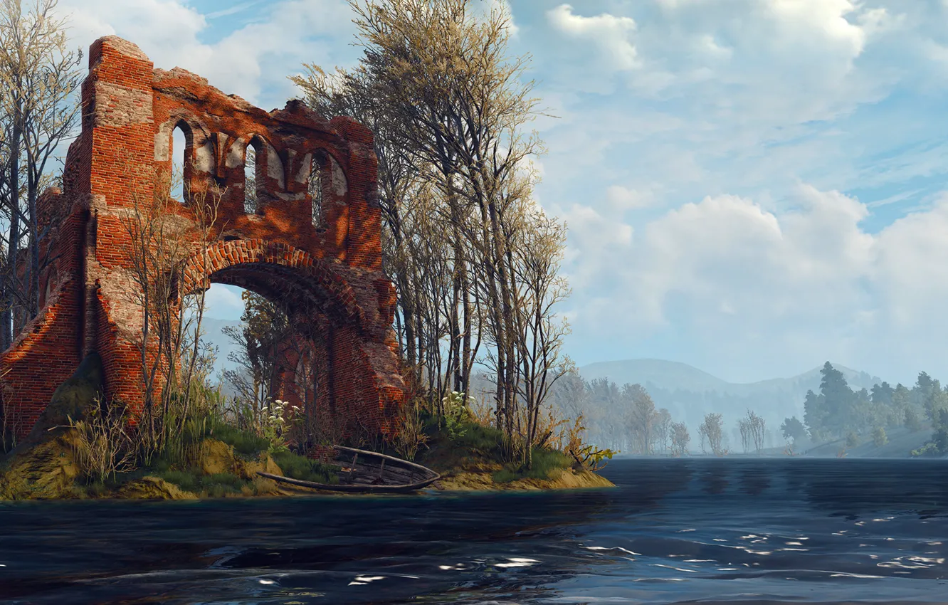 Photo wallpaper forest, river, building, The Witcher 3: Wild Hunt, The Witcher 3: Wild Hunt