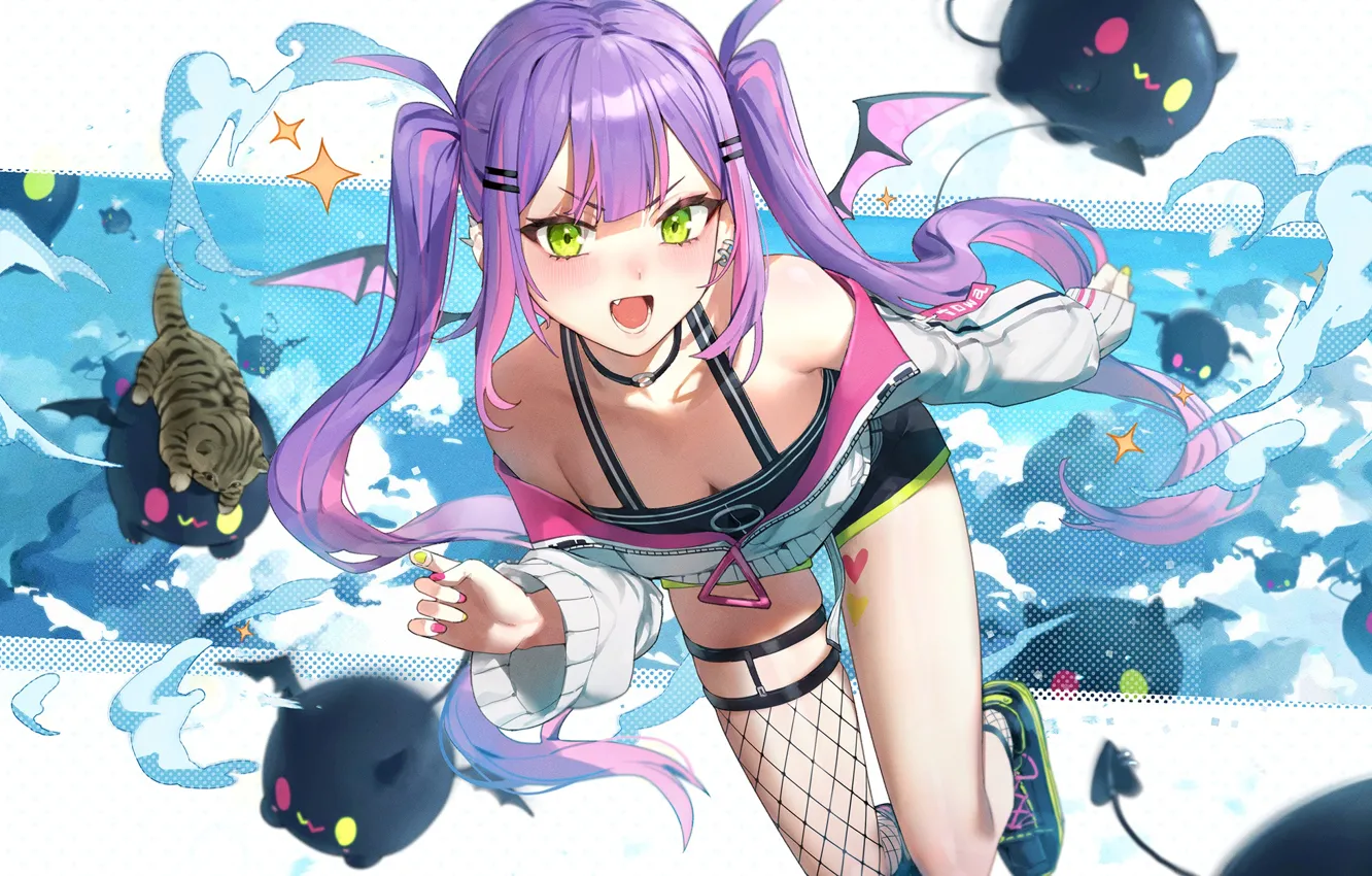 Photo wallpaper the sky, girl, the demon, fantasy, kitty, Towa Tokoyami, Hololive virtual youtuber, Holo no Graffiti