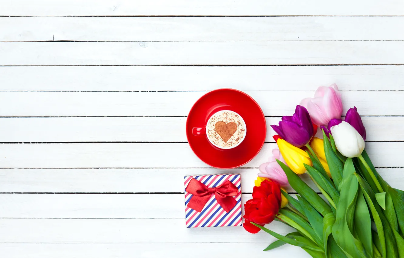 Photo wallpaper flowers, heart, colorful, tulips, heart, wood, cup, romantic